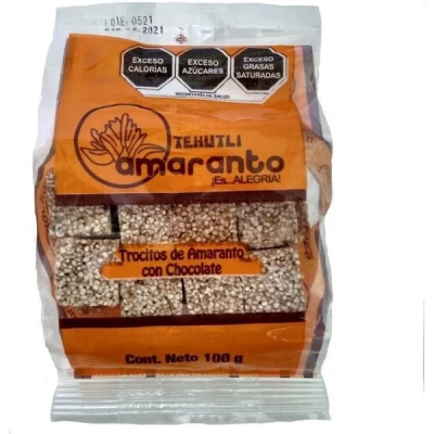 Trocitos de amaranto con chocolate lácteo 100 grs.